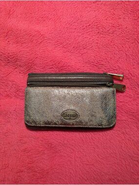 Fossil Wallet SL3246 Metallic Bronze Distressed Leather Flap Zip Card Organizer